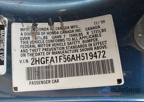 2010 Honda Civic Lx z USA, uszkodzony, nr VIN 2HGFA1F56AH519472